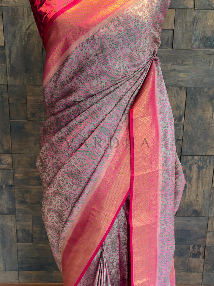 Grey Tanchoi Silk Saree with Multicolor Paisley Weave