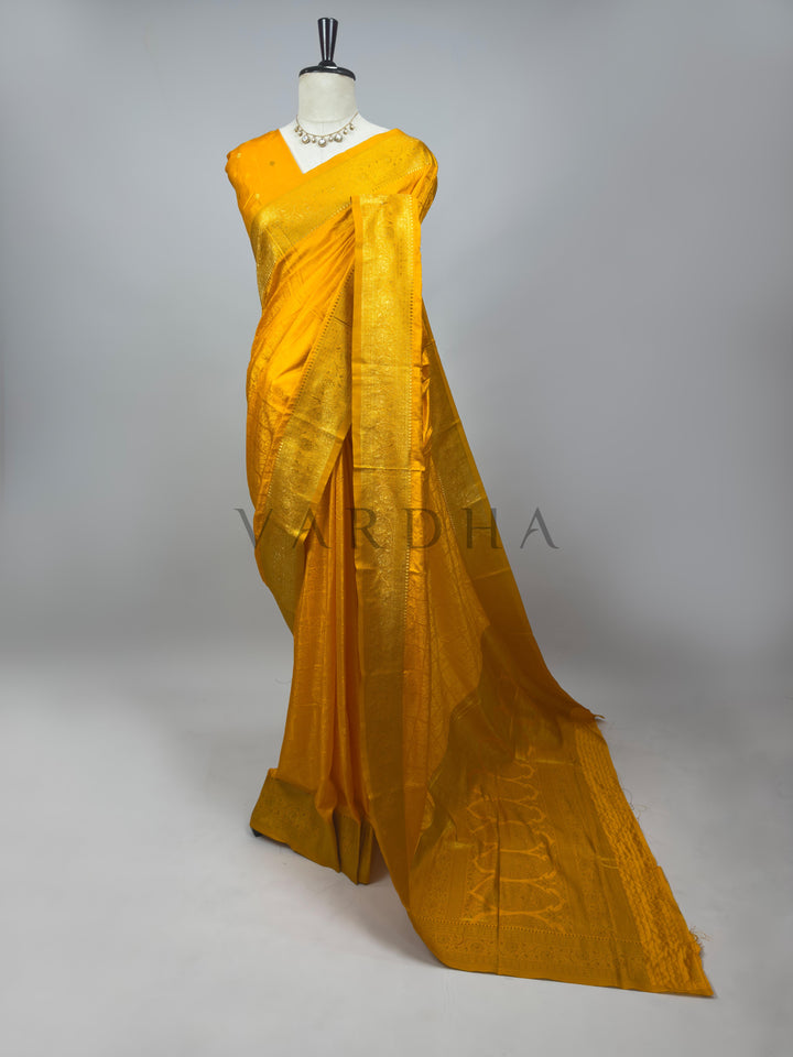 Mustard Yellow Banarasi Satin Silk Saree with Gold Zari
