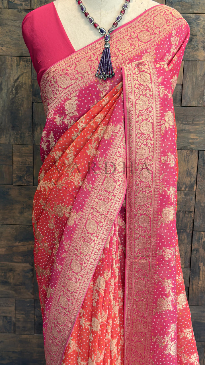 Red Bandhani Feathersoft Georgette Saree with Gold Zari Weaving