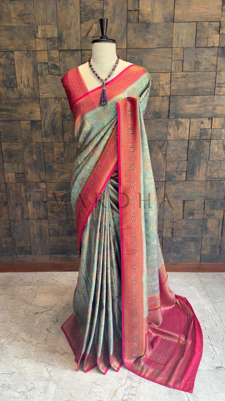 Sea Green–Pink Kalamkari Art Silk Saree with Gold Zari