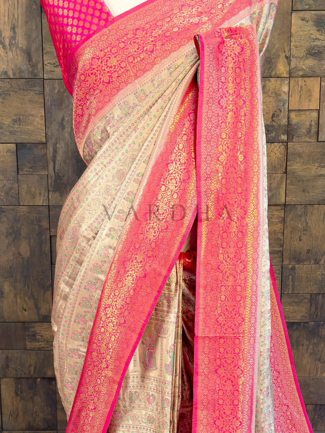 Cream Pink Woven Kalamkari Art Silk Saree with Zari Work