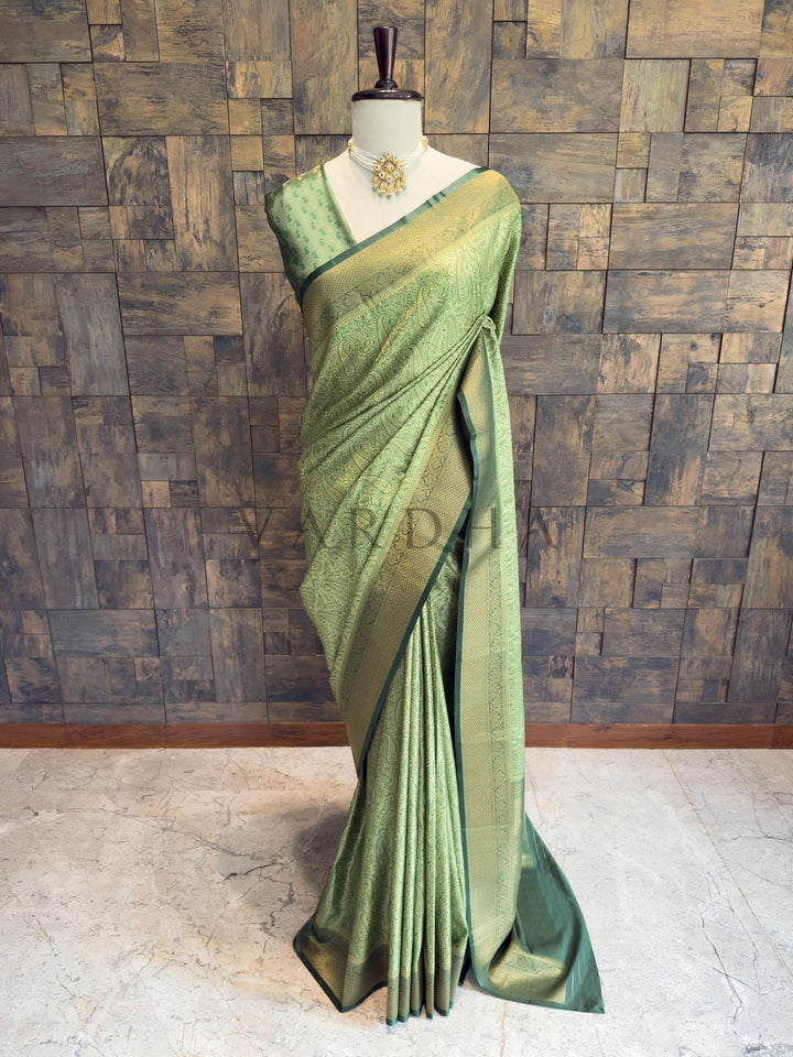 Emerald Green Tanchoi Satin Silk Saree with Zari Border