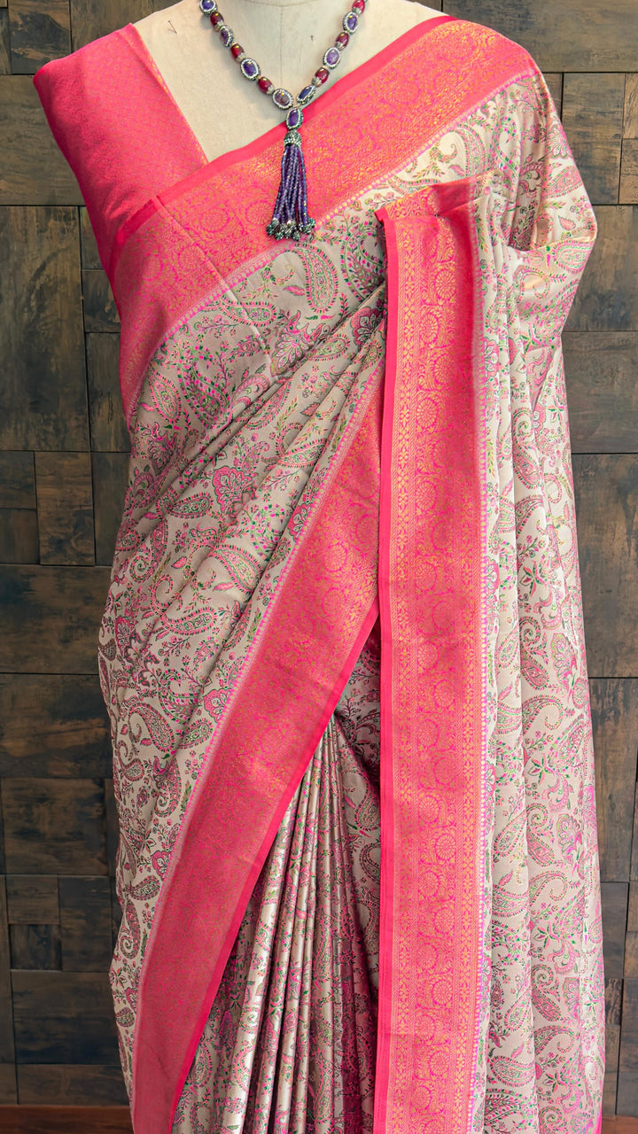 Cream Pink Woven Kalamkari Art Silk Traditional Saree with Zari Work