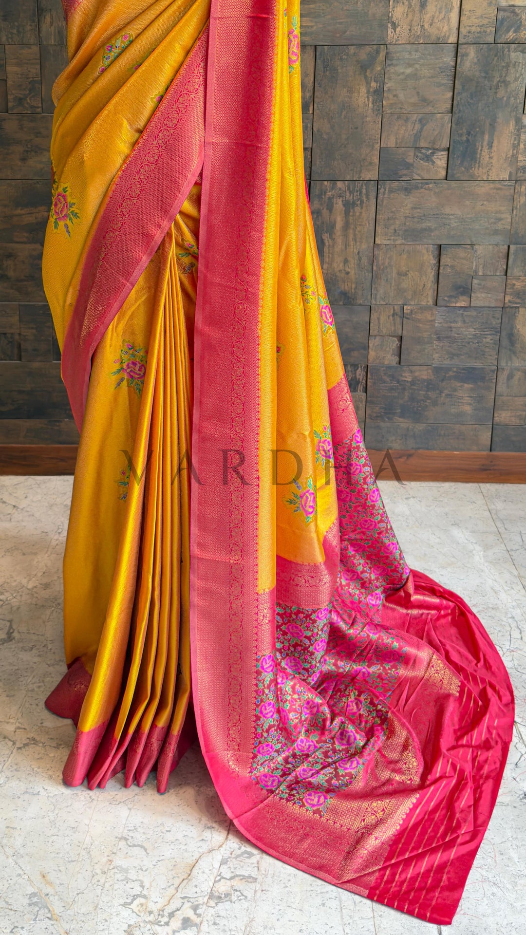 Mustard Yellow Kalamkari Art Silk Saree with Woven Zari