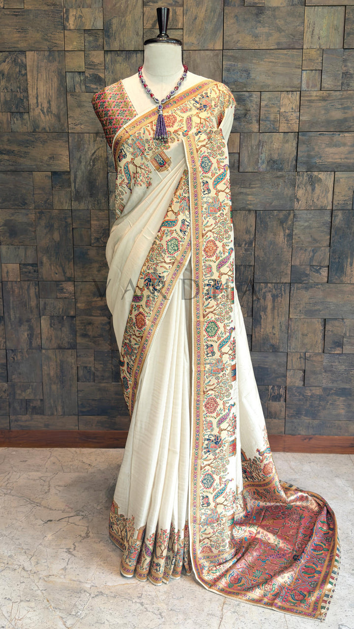 Off-White Viscose Katan Silk Saree with Zari Jungle Motifs