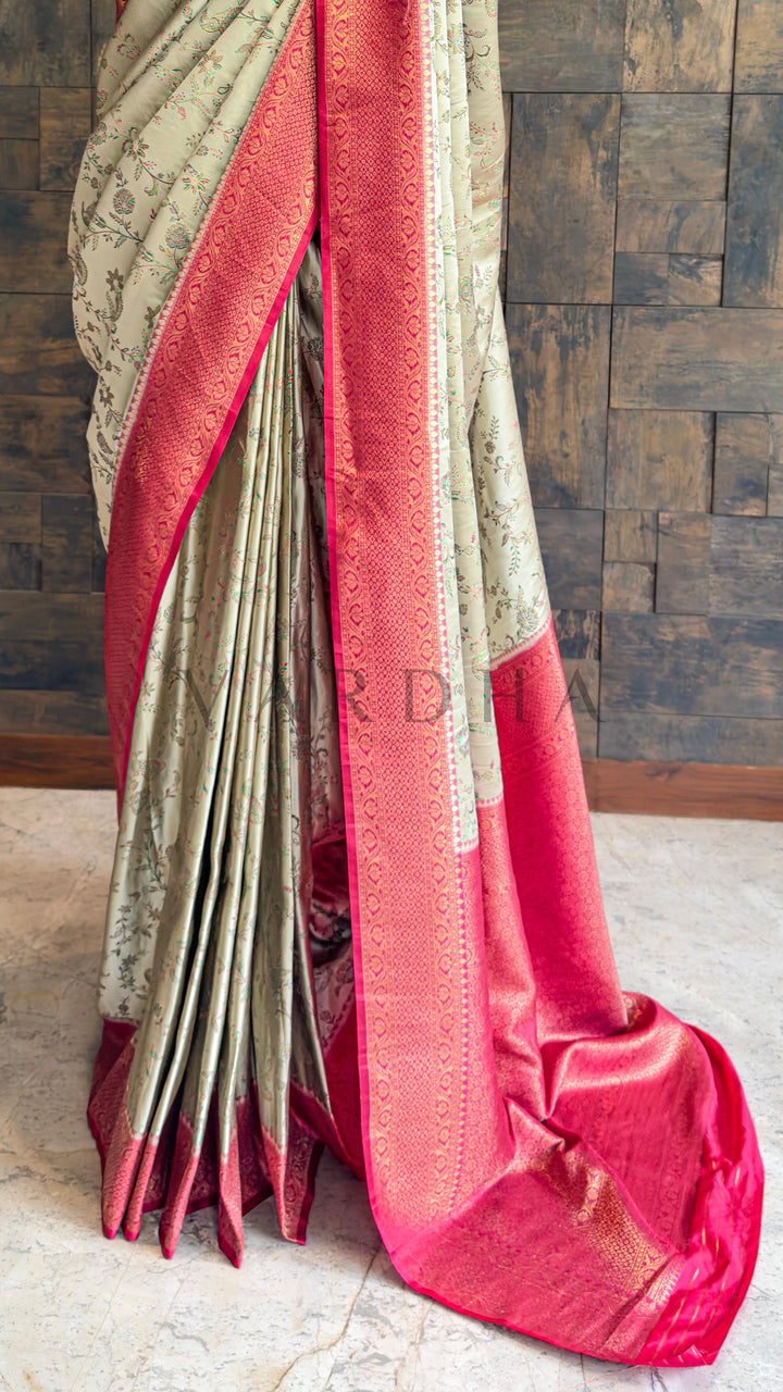 Wine-Cream Woven Kalamkari Art Silk Saree with Zari Work