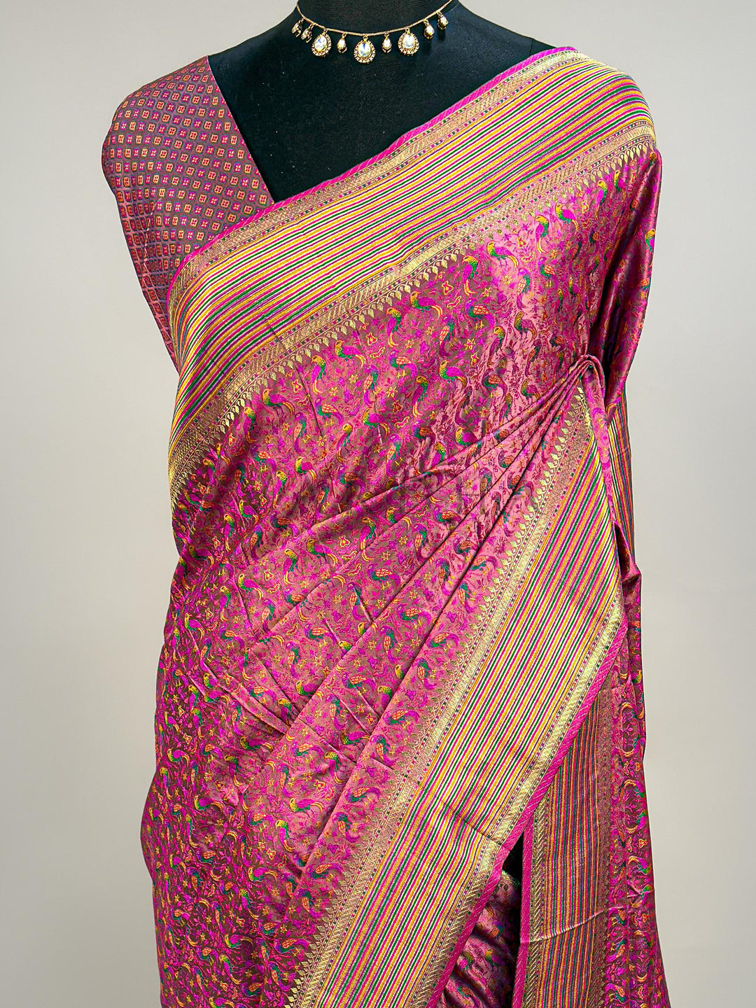 Pink Tanchoi Satin Silk Saree with Multicolor Parrot Motifs &amp; Golden Zari Striped Border