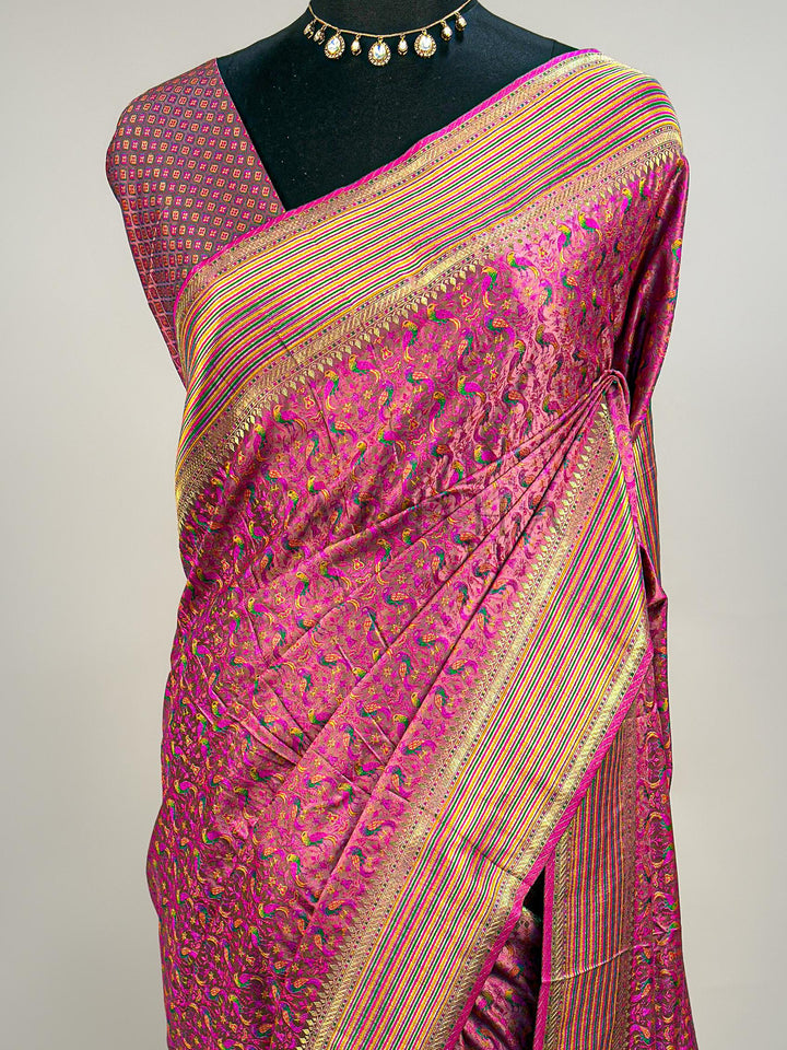 Pink Tanchoi Satin Silk Saree with Multicolor Parrot Motifs &amp; Golden Zari Striped Border