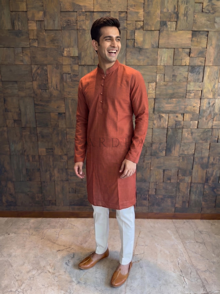 Terracotta Orange Textured Cotton Kurta with Rustic Loop Placket
