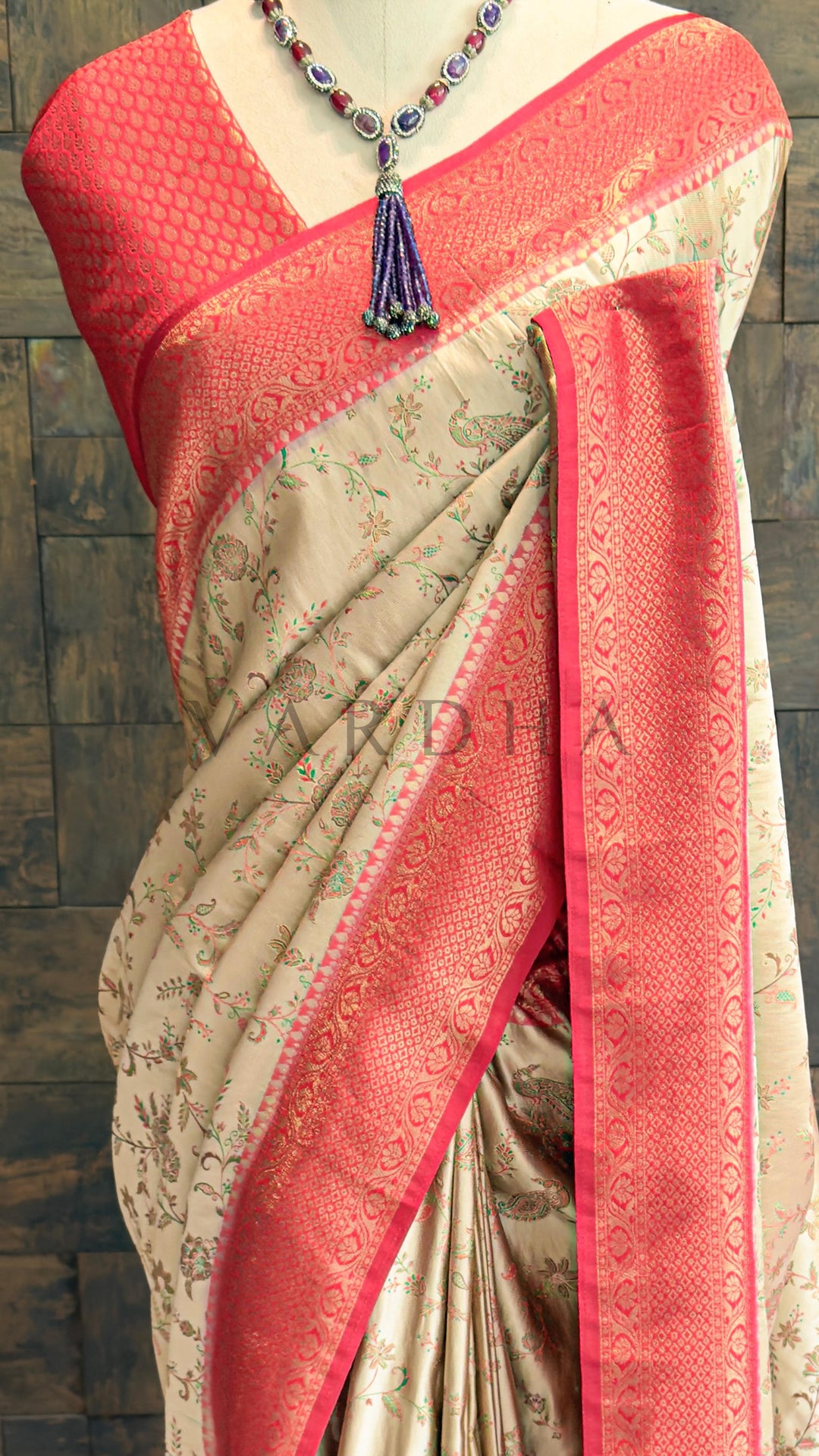 Cream Red Woven Kalamkari Art Silk Saree with Zari Work