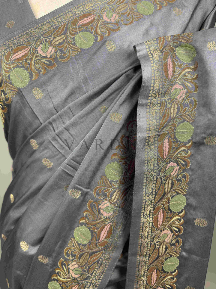 Grey Traditional Jamawar Satin Saree for Weddings &amp; Celebrations