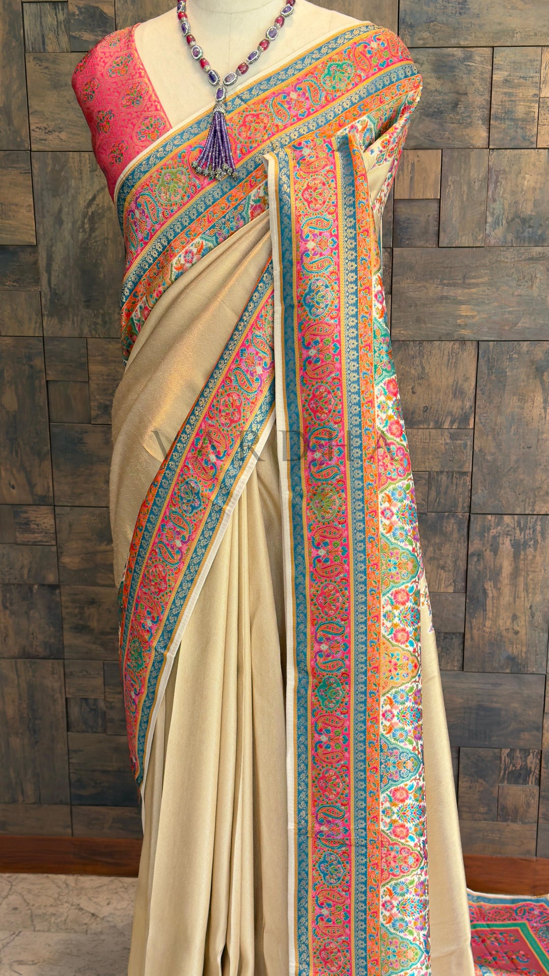 Cream Banarasi Katan Silk Saree with Zari Peacock Motifs and Paisley Pallu