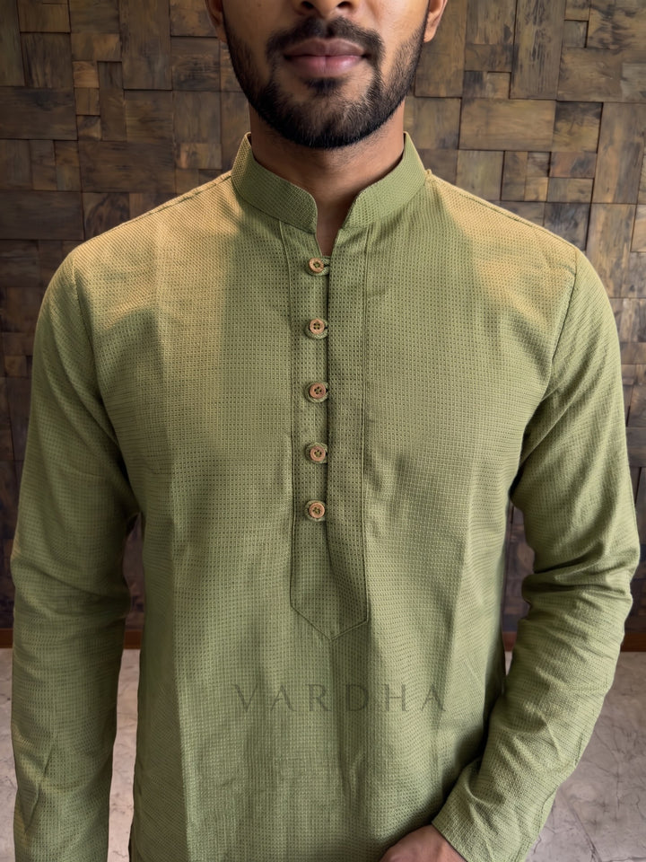 Olive Green Textured Cotton Kurta with Rustic Loop Placket