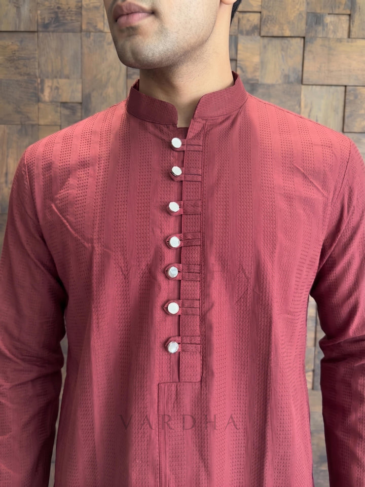 Maroon Textured Cotton Kurta with Metallic Loop Placket
