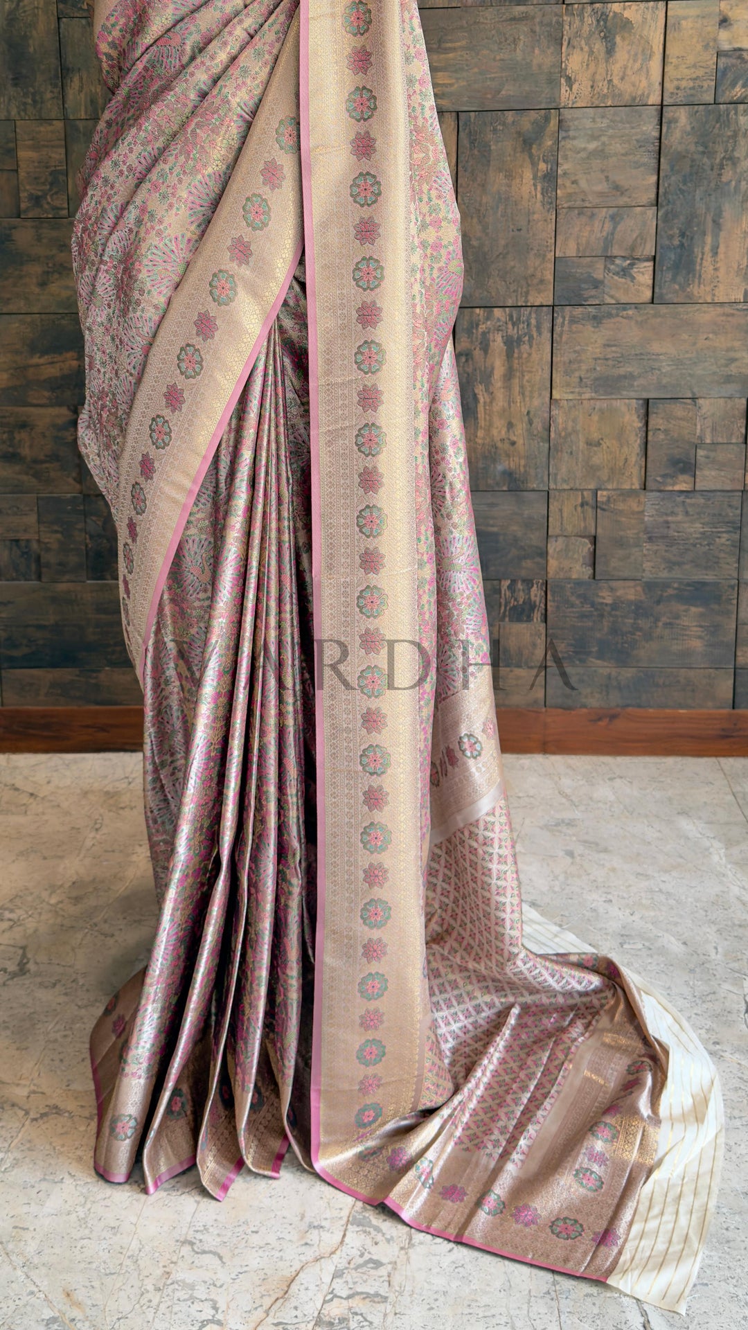 Off-White Kalamkari Art Silk Saree with Gold Zari