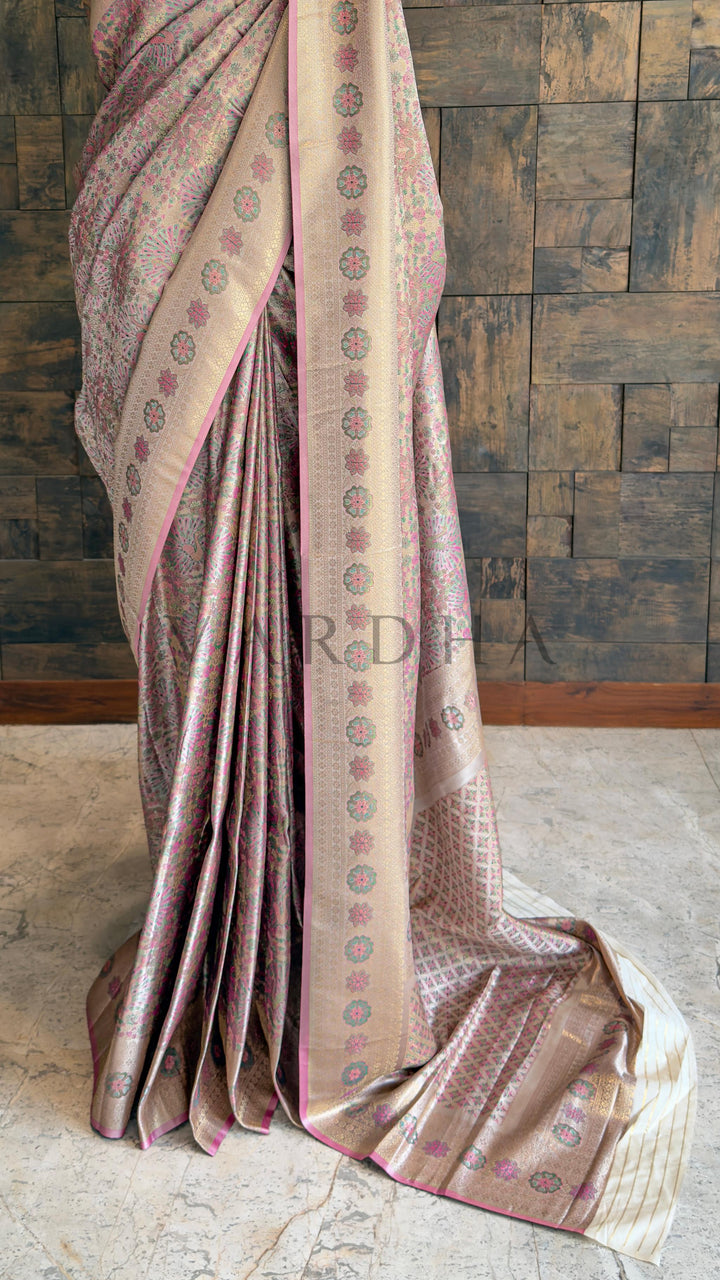 Off-White Kalamkari Art Silk Saree with Gold Zari