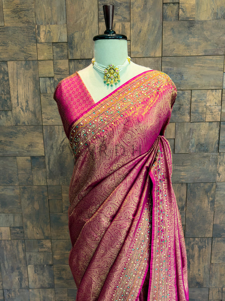 Designer Pink-Golden Kanjivaram Silk Saree with Zari Weaving &amp; Handwork
