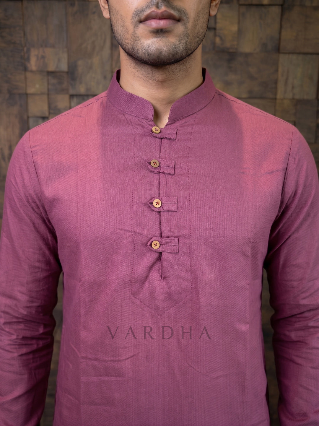 Mauve Pink Textured Cotton Kurta with Rustic Loop Placket