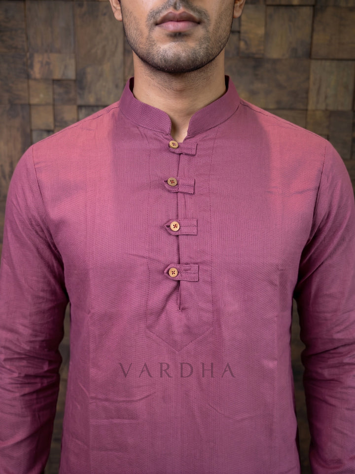 Mauve Pink Textured Cotton Kurta with Rustic Loop Placket