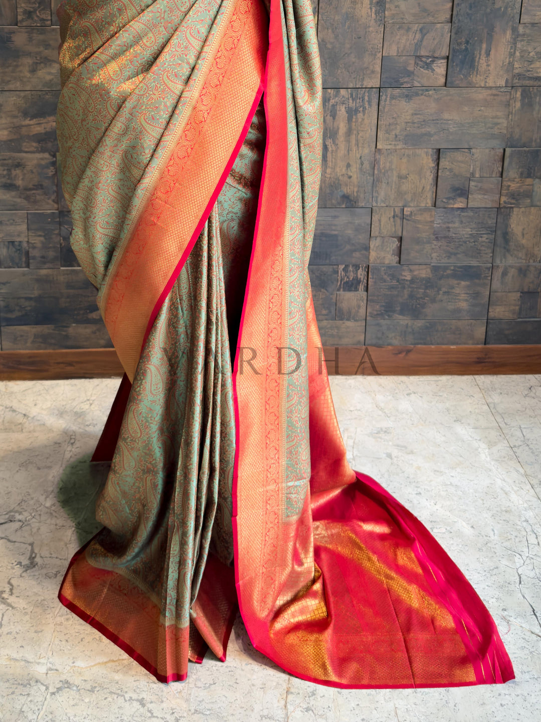 Olive Grey-Red Tanchoi Satin Silk Saree with Zari Work