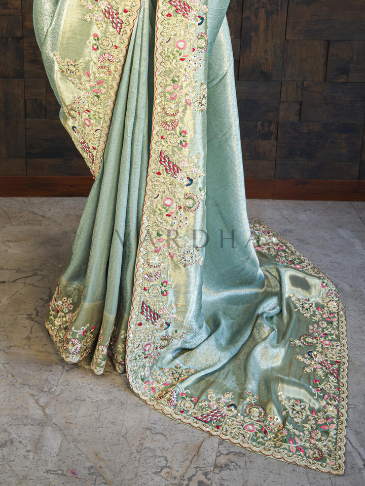 Firozi Saree Kanjivaram Tissue Silk Saree with Zari Weaving &amp; Hand Work