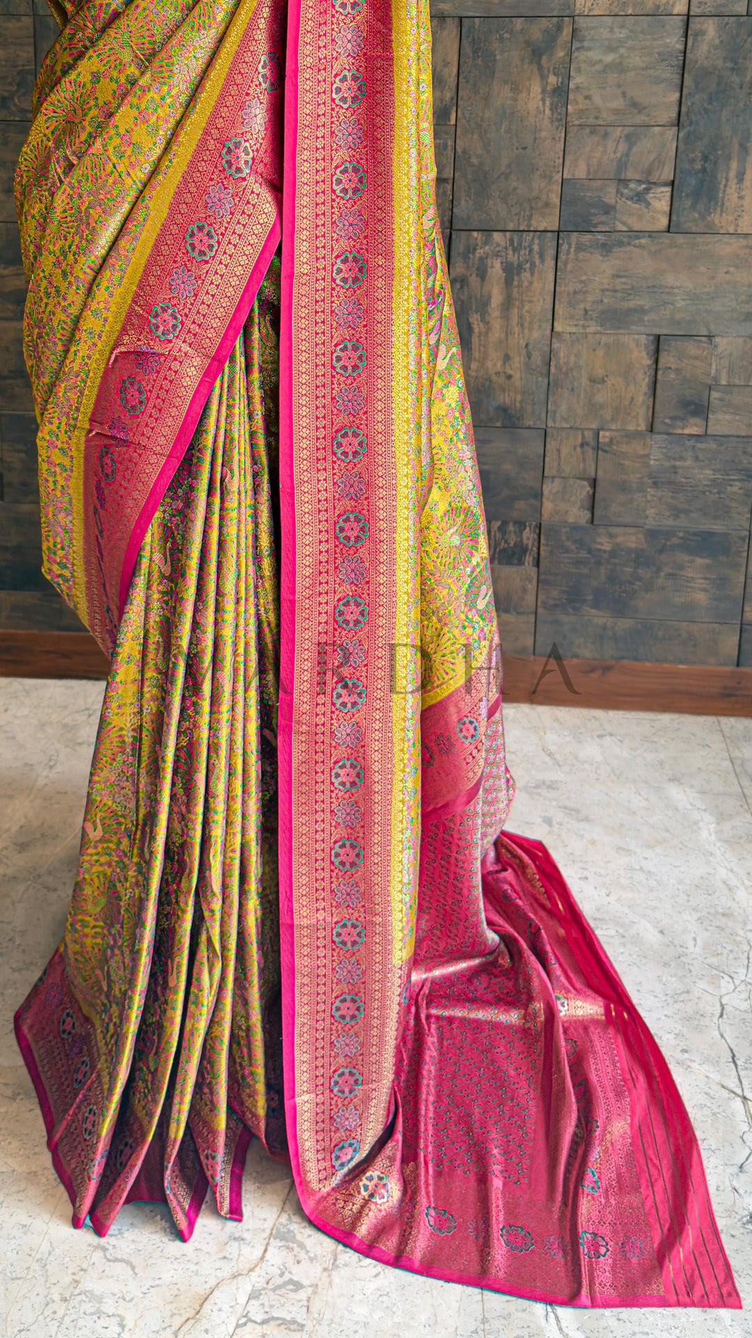 Mustard-Pink Kalamkari Art Silk Saree with Gold Zari