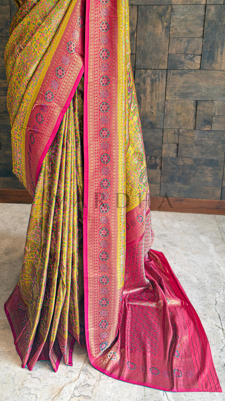 Mustard-Pink Kalamkari Art Silk Saree with Gold Zari