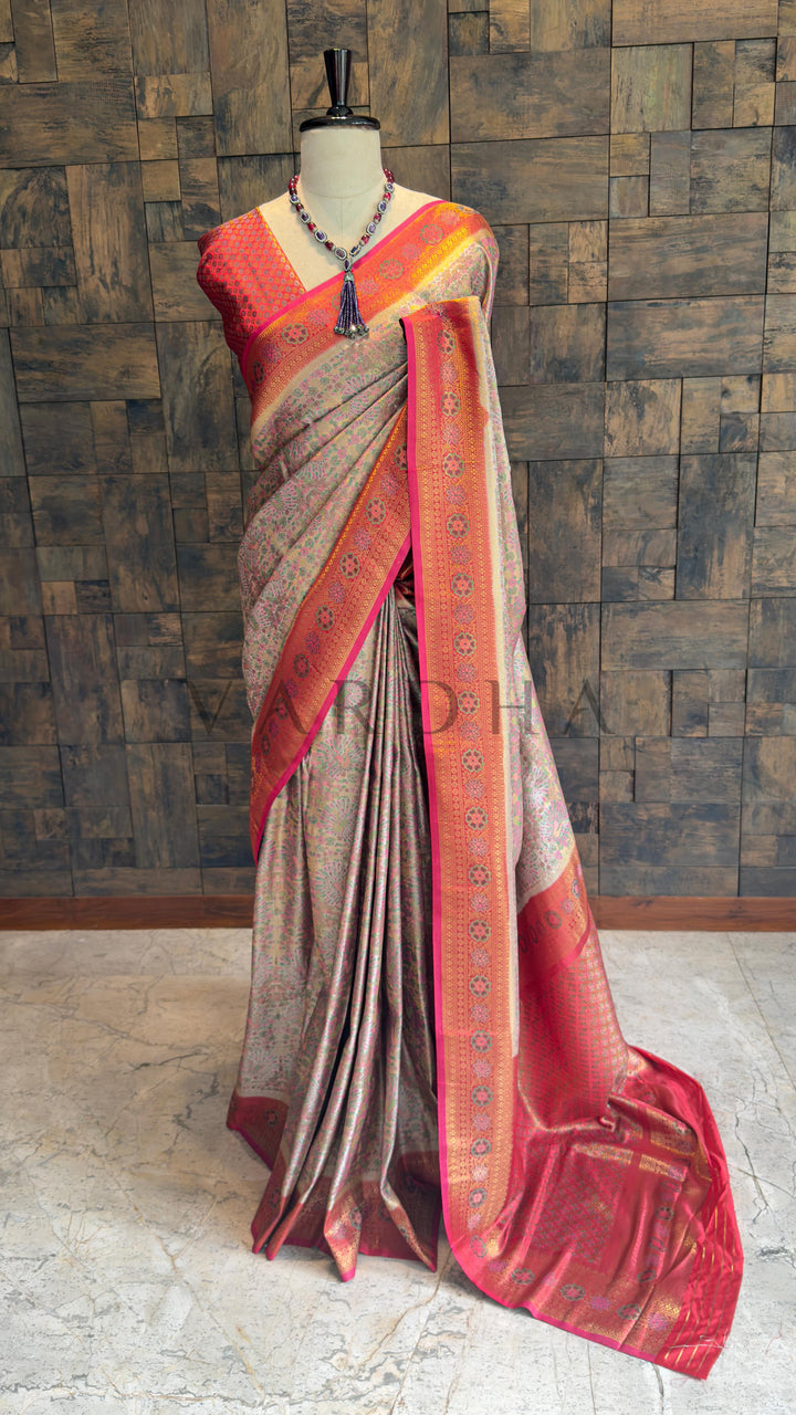 Cream–Pink Kalamkari Art Silk Saree with Gold Zari