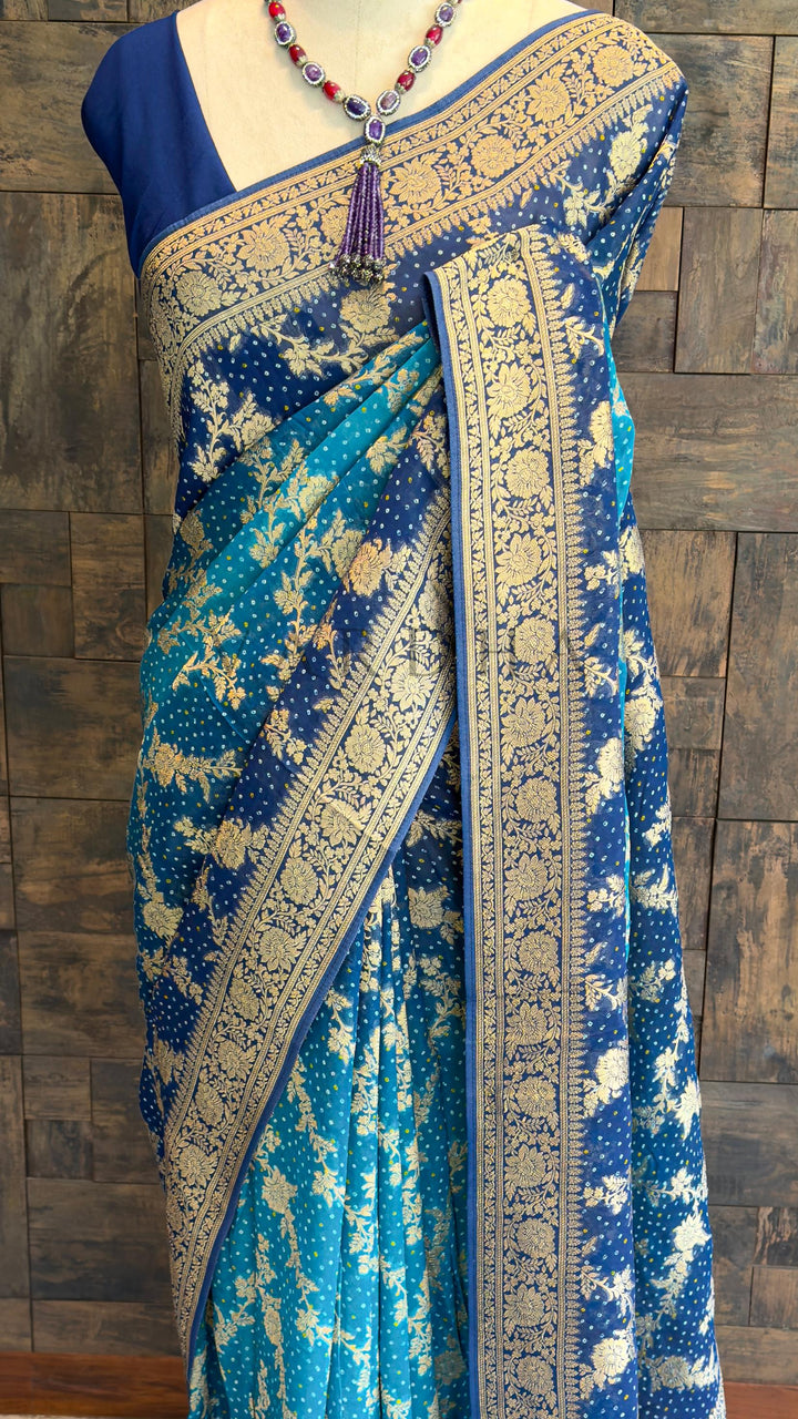 Blue Bandhani Feathersoft Georgette Saree with Gold Zari Weaving