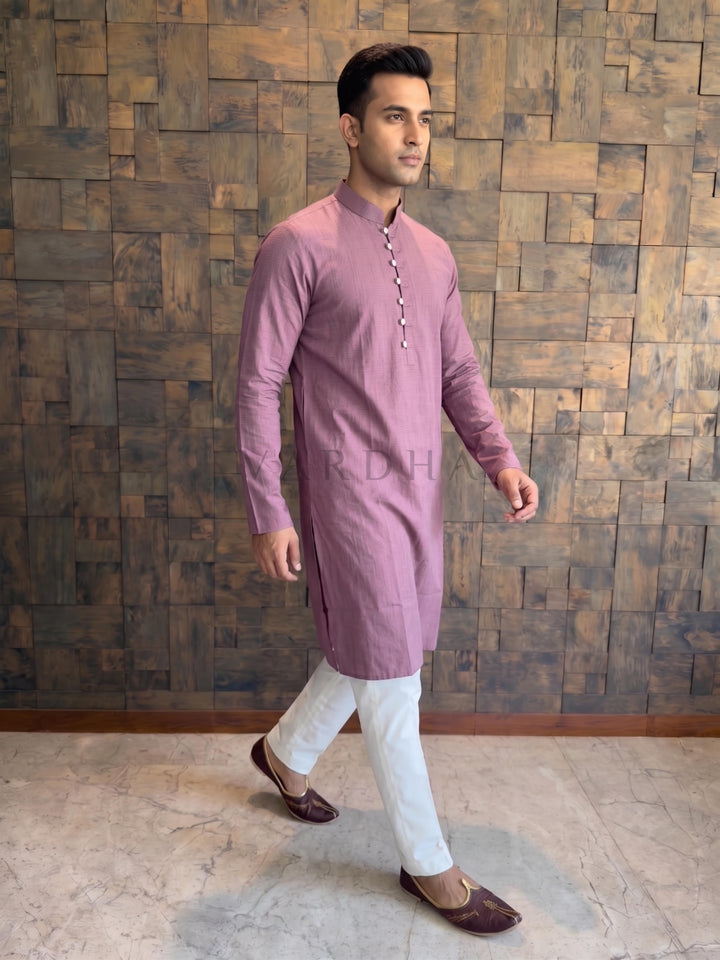 Dusty Mauve Pink Textured Cotton Kurta with Metallic Loop Placket