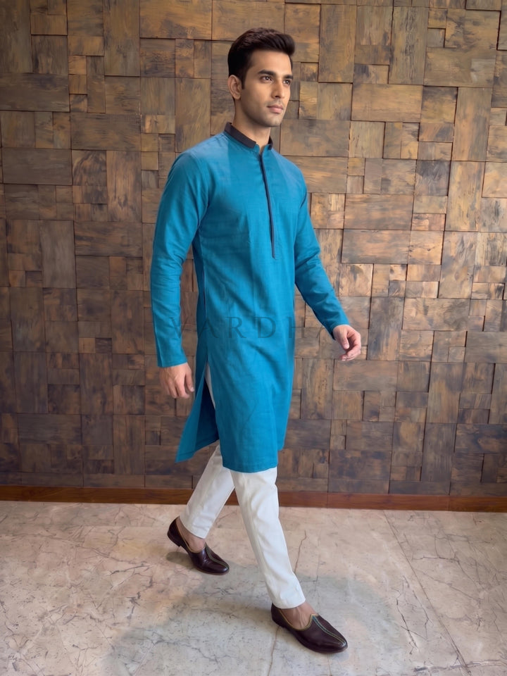Teal Blue Cotton Kurta with Contrast Collar &amp; Concealed Placket