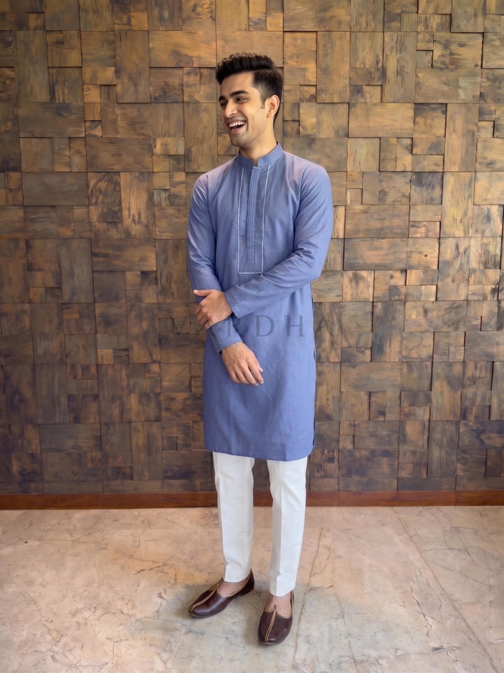 French Blue Cotton Kurta with Concealed Pintuck Placket