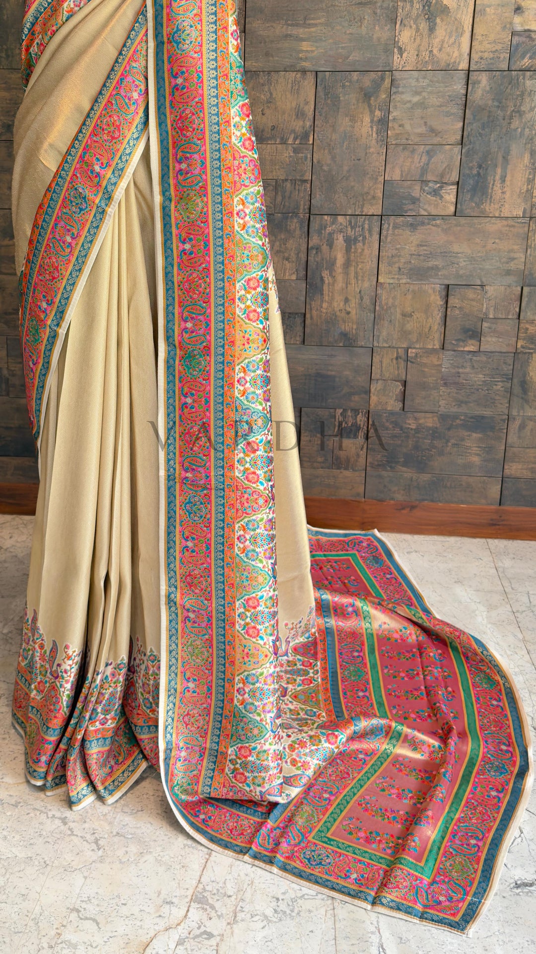 Cream Banarasi Katan Silk Saree with Zari Peacock Motifs and Paisley Pallu