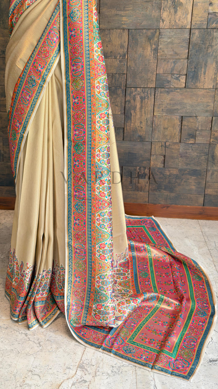 Cream Banarasi Katan Silk Saree with Zari Peacock Motifs and Paisley Pallu