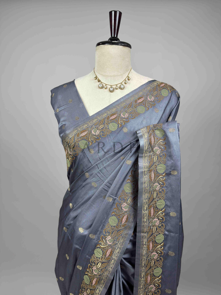 Grey Traditional Jamawar Satin Saree for Weddings &amp; Celebrations