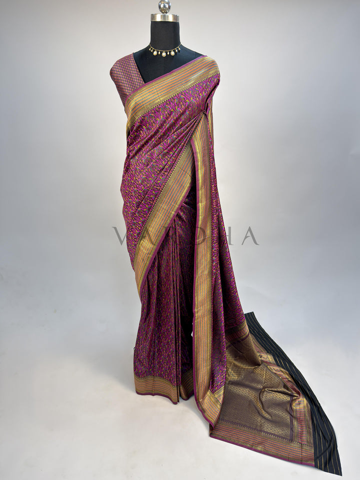 Black Tanchoi Satin Silk Saree with Multicolor Parrot Motifs &amp; Golden Zari Striped Border
