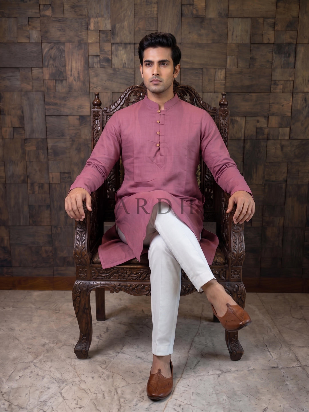 Mauve Pink Textured Cotton Kurta with Rustic Loop Placket