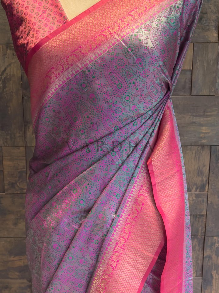 Grey-Pink Tanchoi Satin Silk Saree with Zari Border