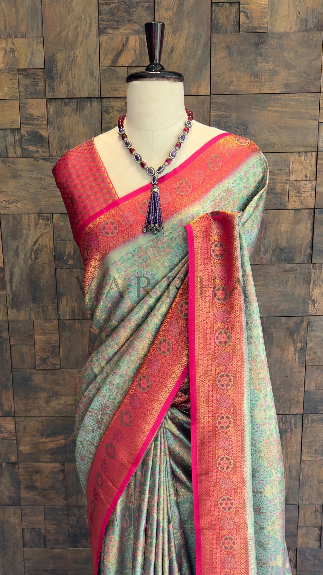 Sea Green–Pink Kalamkari Art Silk Saree with Gold Zari