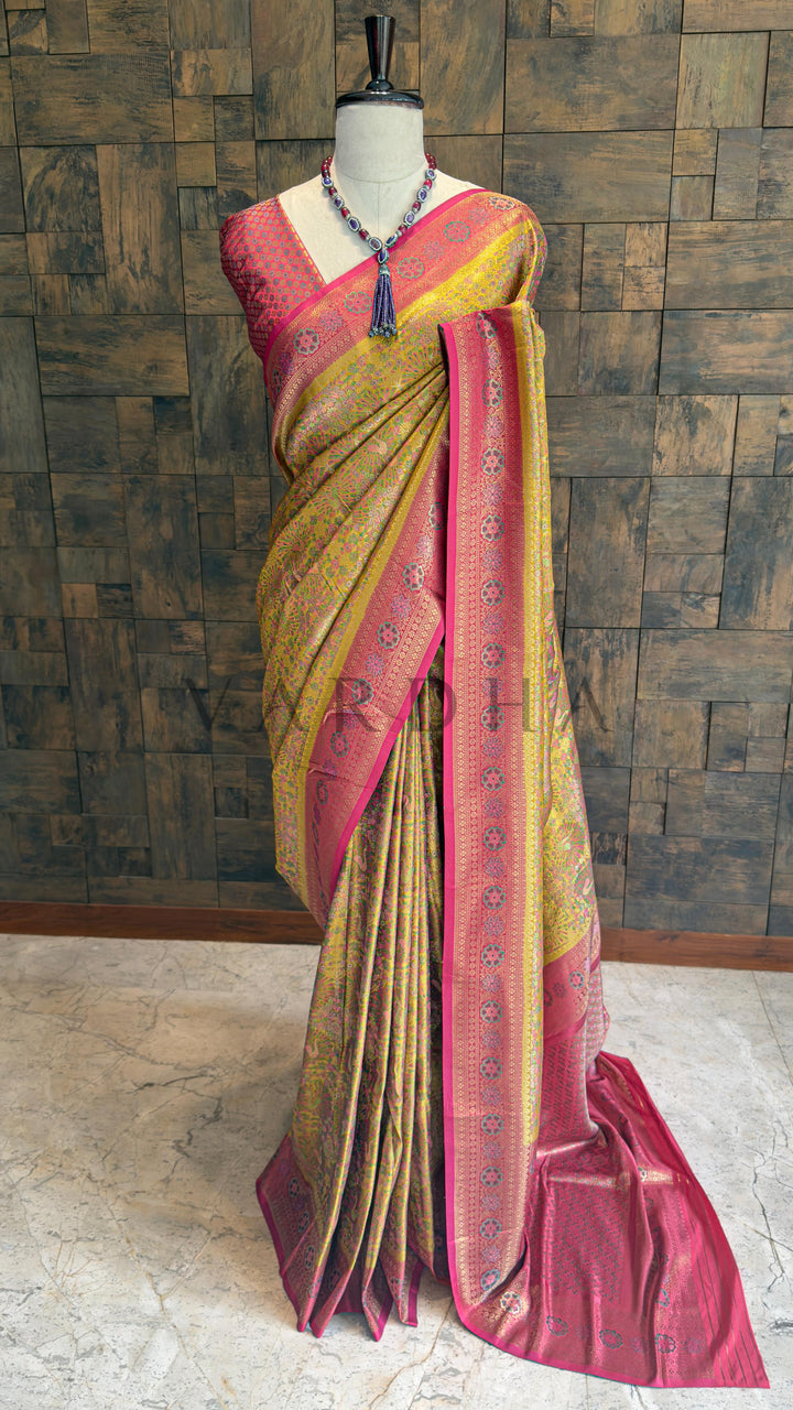 Mustard-Pink Kalamkari Art Silk Saree with Gold Zari