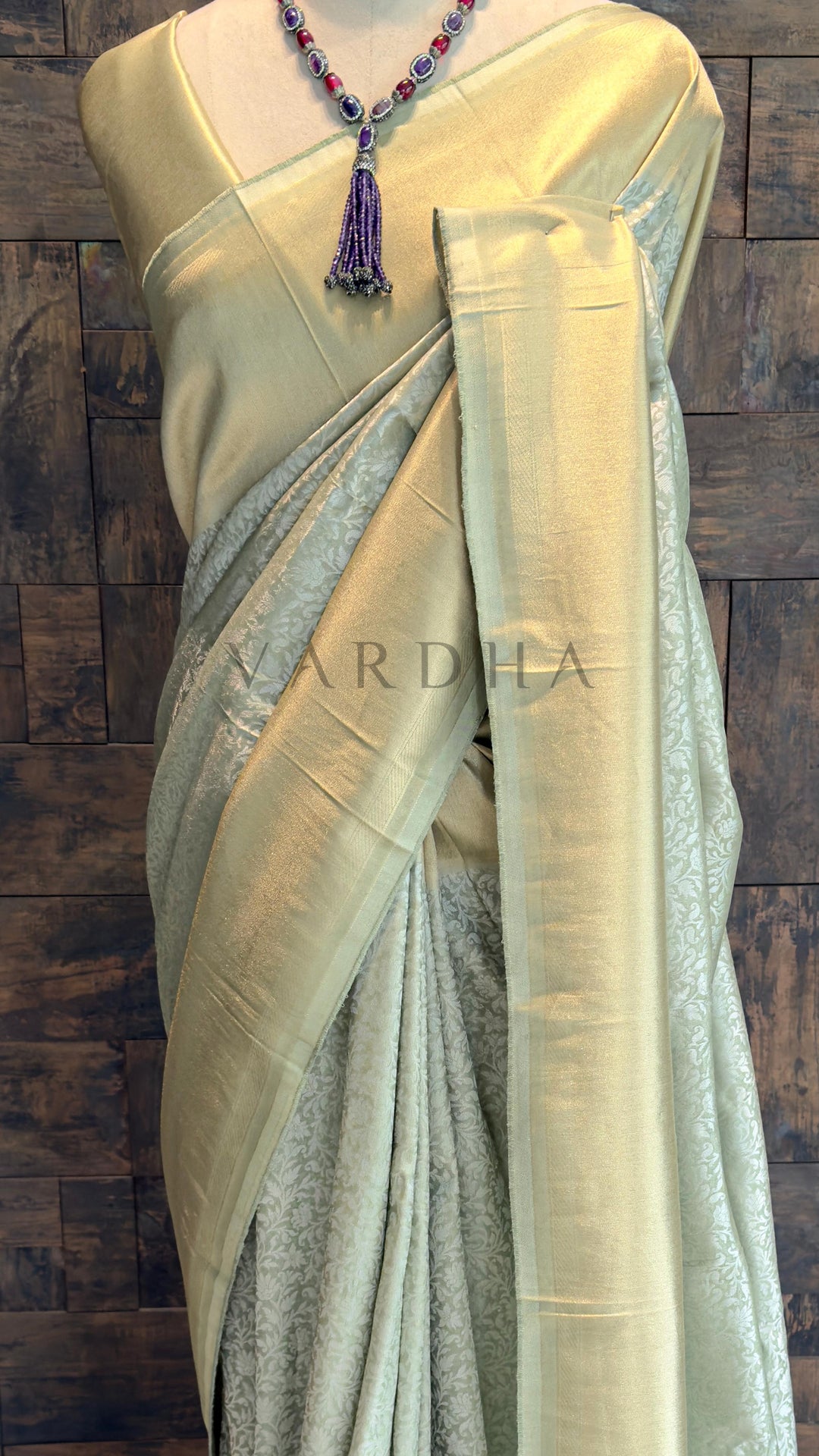 Pista Green Viscose Kanjivaram Tissue Silk Saree with Gold Zari Border