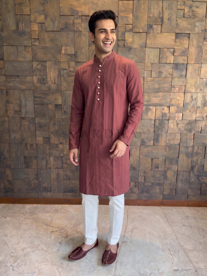 Maroon Textured Cotton Kurta with Metallic Loop Placket