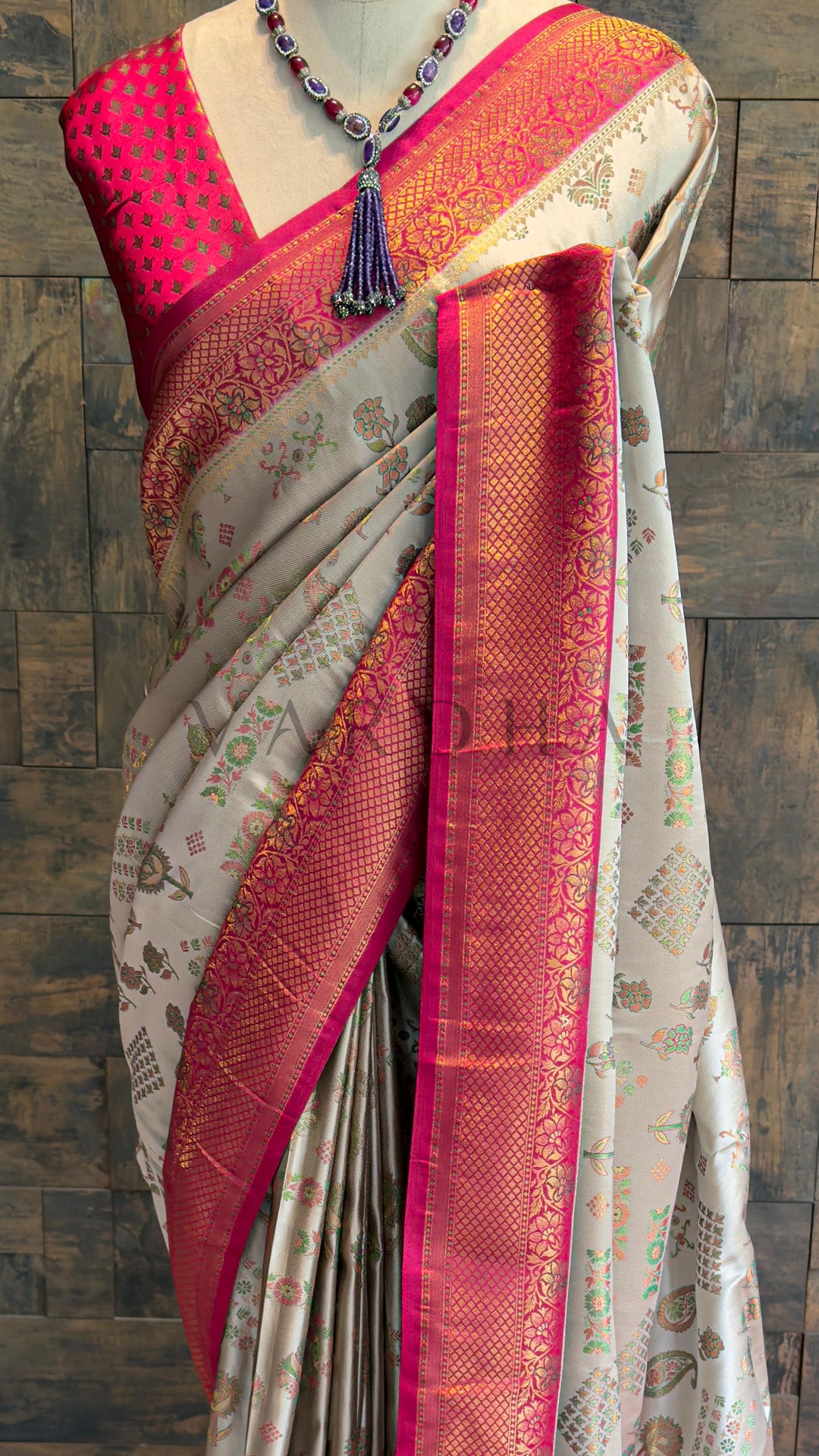 Cream Wine Woven Kalamkari Art Silk Saree with Zari Work