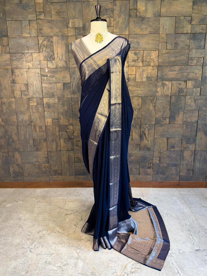 Blue Georgette Feather Soft Saree with Gold Zari Work