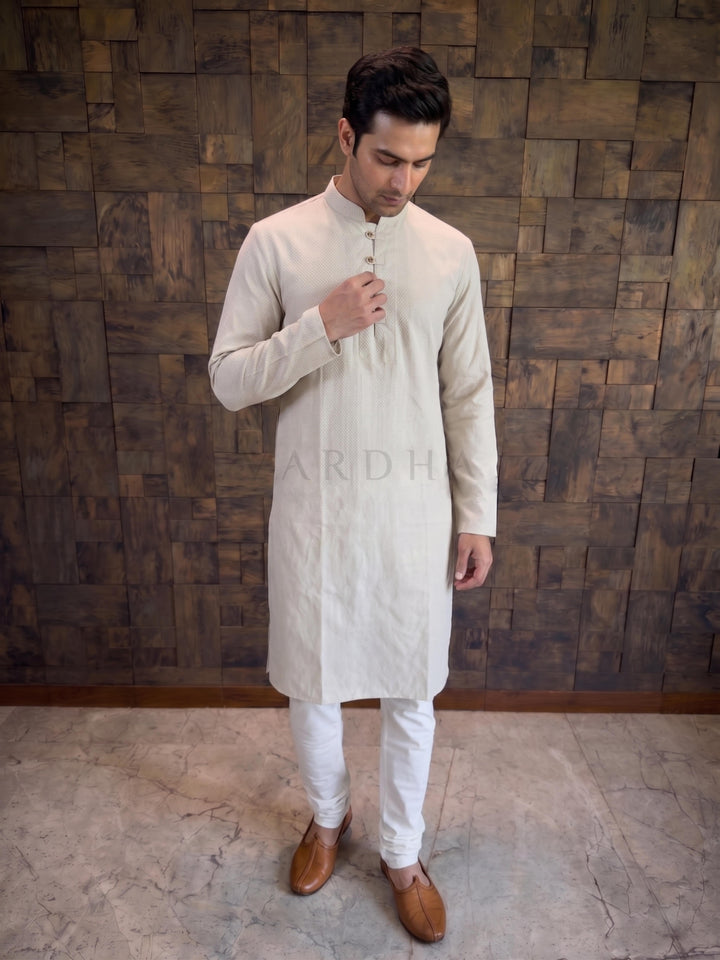 Light Grey Textured Cotton Kurta with Rustic Loop Placket