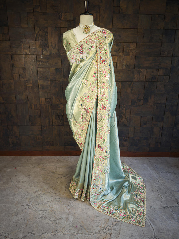 Firozi Saree Kanjivaram Tissue Silk Saree with Zari Weaving &amp; Hand Work