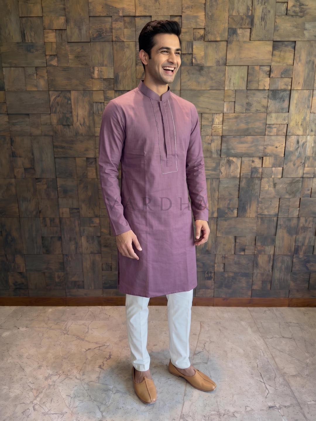 Wine Cotton Kurta with Concealed Pintuck Placket