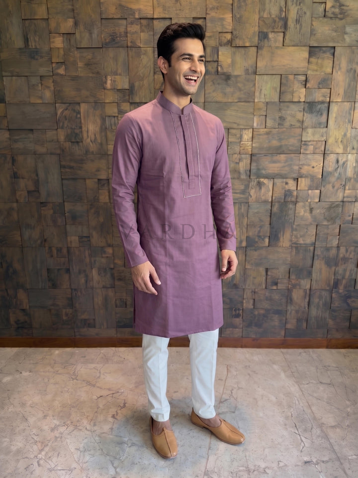 Wine Cotton Kurta with Concealed Pintuck Placket