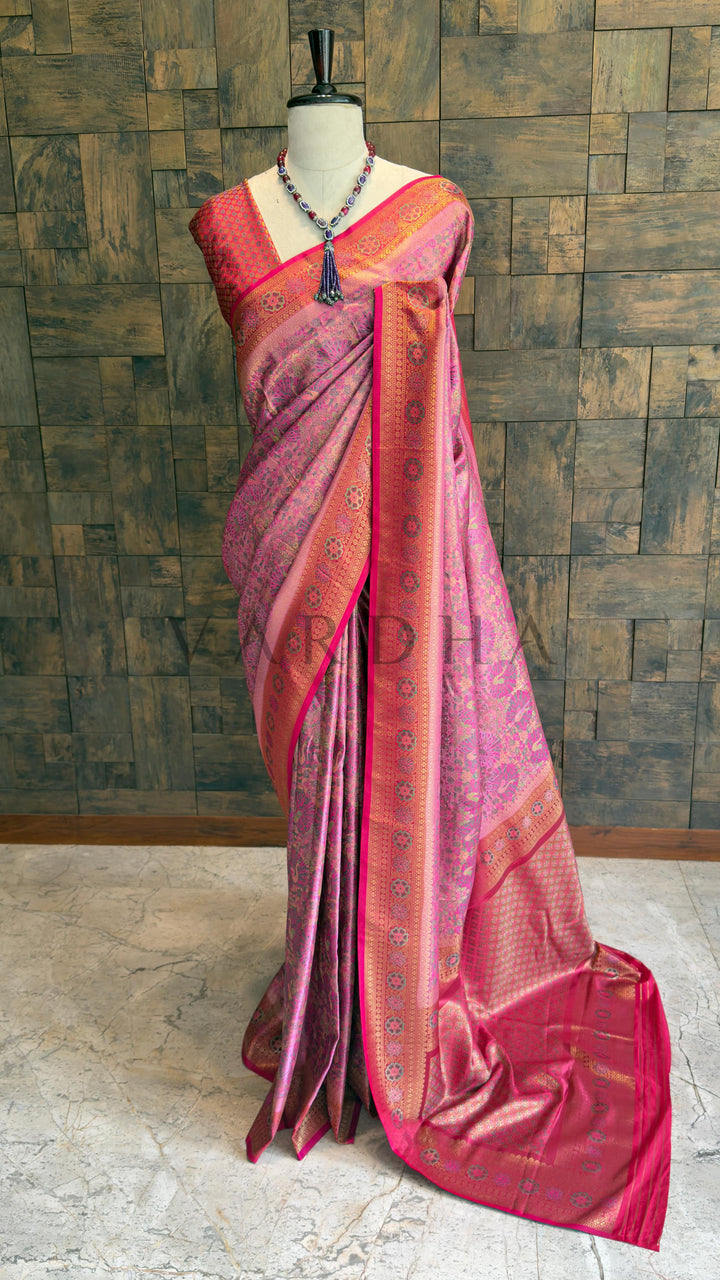 Pink Kalamkari Art Silk Saree with Gold Zari