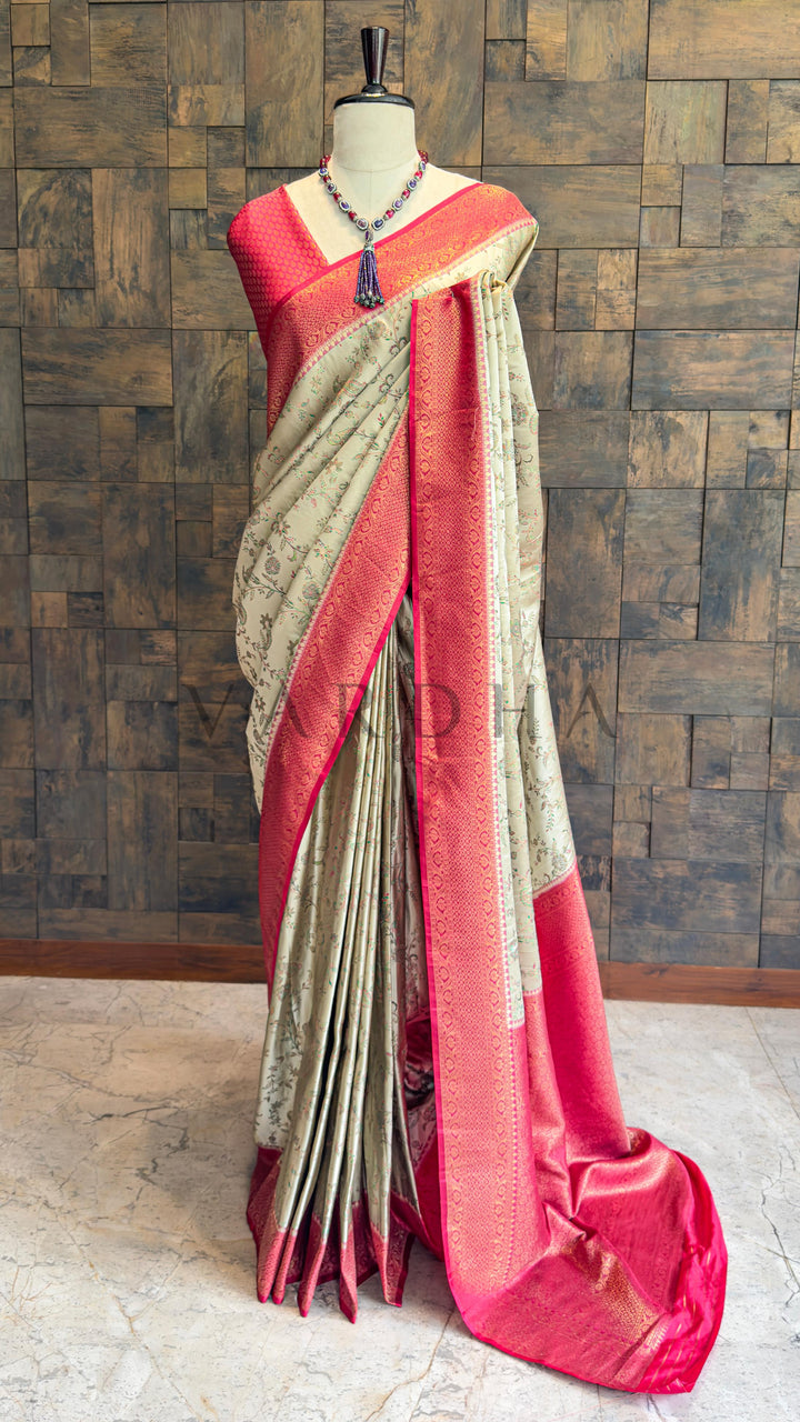 Wine-Cream Woven Kalamkari Art Silk Saree with Zari Work